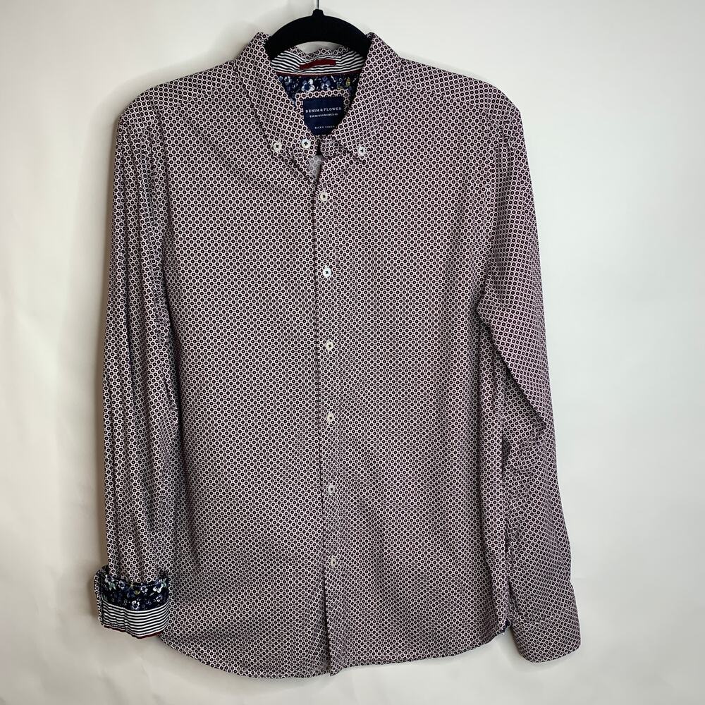 Denim & Flowers Burgundy Tiny Flower Pattern Button Down Shirt Sz Medium